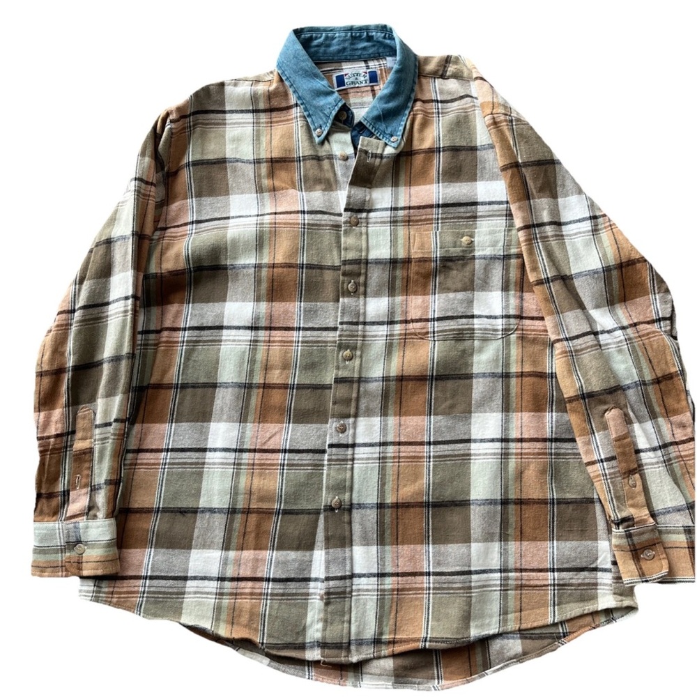 Vintage 90s Plaid Long Sleeve Button Up Shirt Men’s Oversized Y2K Orange Denim